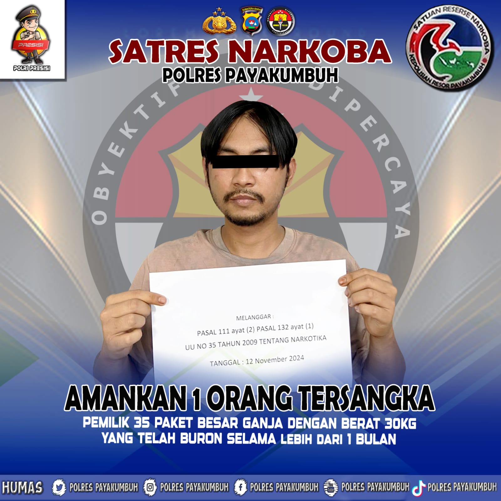 Tiga Bulan Buron, DPO Jaringan Narkotika Antar Provinsi Diringkus Sat Narkoba Polres Payakumbuh 