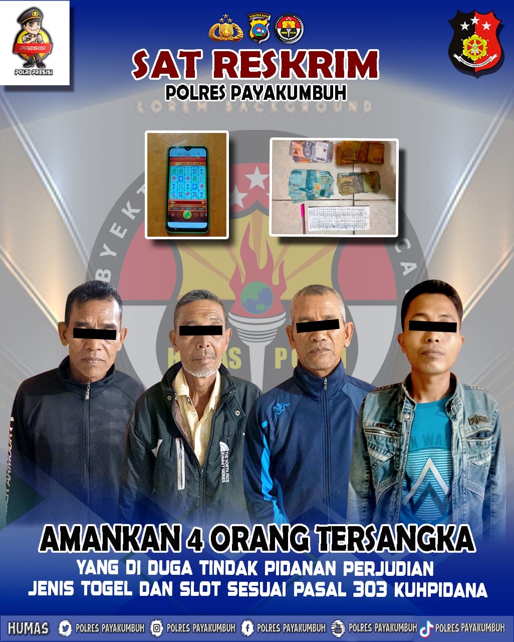 Ungkap Dua Kasus Perjudian Secara Bersamaan, Sat Reskrim Polres Payakumbuh Tangkap Empat Orang Tersangka 